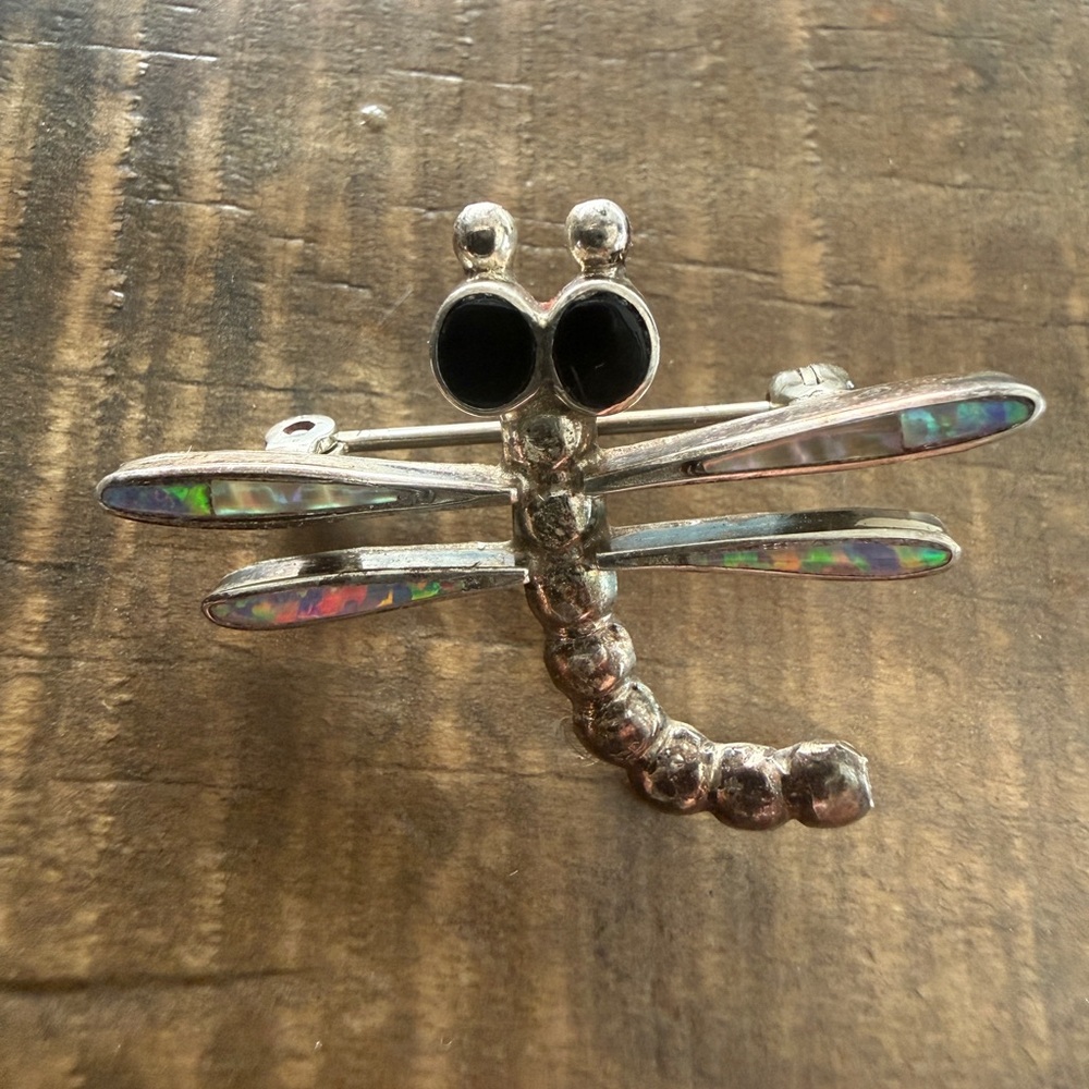 Vintage Native Zuni Sterling Silver Opal Dragonfly Brooch Pendant Signed JE Zuni